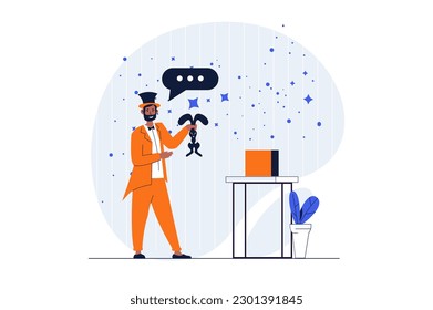 Circus web concept with character scene. Magician performs with entertaining number with rabbit and tricks. People situation in flat design. Vector illustration for social media marketing material.