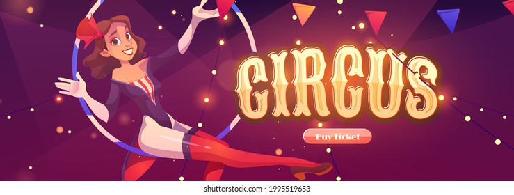 Circus website with aerial gymnast girl in hoop. Invitation banner to carnival show, theater performance in cirque. Vector landing page with cartoon illustration of woman acrobat, aerialist dancer