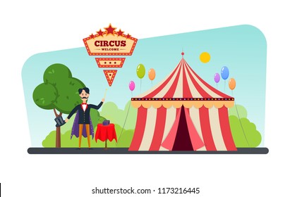 Circus Welcome. Show Program. Invitation To Activity, Event, Loud Show, Presentation, Opening. Circus Building, Tent Awning, Shapito. Invitation To Event Magician Shows Tricks Illustration Isolated