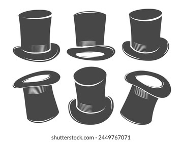 Circus wizard vintage top hats. Magic cylinder hat icon collection, monochrome magician headwear isolated vector illustration