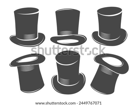 Circus wizard vintage top hats. Magic cylinder hat icon collection, monochrome magician headwear isolated vector illustration