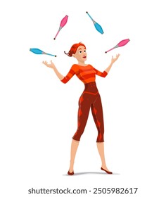 Circus woman juggler character juggling clubs on funfair carnival, cartoon vector. Circus performer woman or girl juggle pins, kids circus show or shapito entertainment park cartoon character