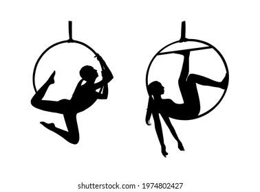 Circus woman silhouettes for logos. Woman acrobat in the aerial hoop. Vector illustration isolated in white background