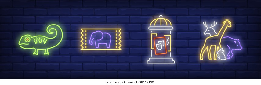 Circus or zoo neon sign set. Iguana, giraffe, poster, ticket. Vector illustration in neon style, bright banner for topics like performance, entertainment, wild animals