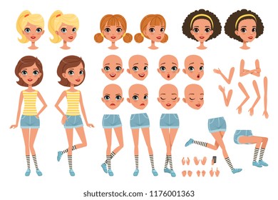 Cirl character creation set, cute girl constructor with different poses, gestures, faces, hairstyles, vector Illustrations