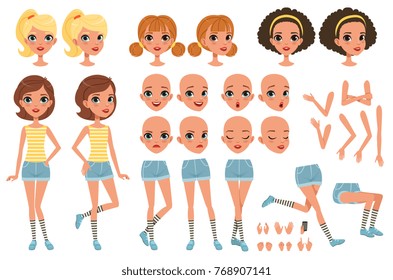 Cirl character creation set, cute girl constructor with different poses, gestures, faces, hairstyles, vector Illustrations