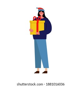 Círculo en sombrero de santa con caja de regalo aislado en blanco. Ilustración plana vectorial. Elemento para banner, tarjeta, Año Nuevo, Navidad