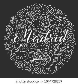 The Cirlce Of Hand Drawn Symbols Of Madrid. Can Be Used For Postcards, Banners Or Souvenir Products. Made In Vector.