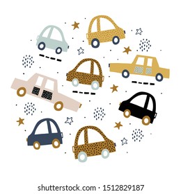 Cirlce Illustration With Hand Drawn Cute Cars And Stars. Nursery Minimalistic Background. Scandinavian Design For Children. Kids Cars