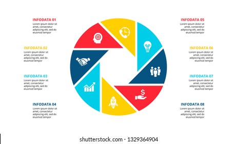 Cirle infographic with 8 options or steps. Abstract flat element of cycle diagram. Vector business template for presentation.