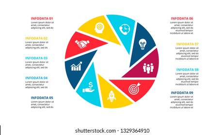 Cirle infographic with 9 options or steps. Abstract flat element of cycle diagram. Vector business template for presentation.