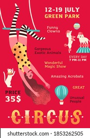 Cirque performance promo poster. Vertical advertising template with woman equilibrist and trained animals. Placard for circus show with a place for text. Flat vector cartoon illustration