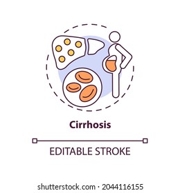 Cirrhosis concept icon. Liver disease type idea thin line illustration. Fibrosis, scarring. Impaired organ function. Damaged liver cells. Vector isolated outline RGB color drawing. Editable stroke