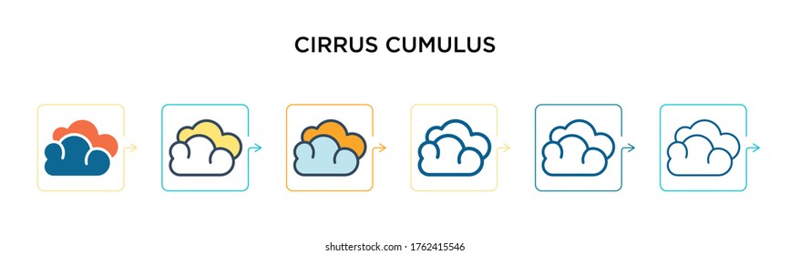Icono del vector Cirrus cumulus en 6 estilos modernos diferentes. Iconos de cirro negro, de dos colores, diseñados en el estilo de trazo relleno y de contorno. La ilustración vectorial se puede usar para web, móvil, ui.