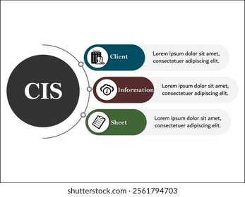 CIS - Client Information Sheet acronym. Infographic template with icons and description placeholder