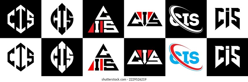 CIS-Logo-Design in sechs Stilen. CIS Polygon, Kreis, Dreieck, Hexagon, flacher und einfacher Stil mit schwarz-weißem Farbänderungslogo in einer Zeichenfläche. GUS-Logo minimalistisch und klassisch