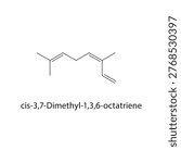 cis-3,7-Dimethyl-1,3,6 octatriene skeletal structure. triene compound schematic illustration. Simple diagram, chemical formula.