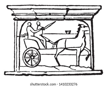 El cisio es un vagón ligero abierto con dos ruedas adaptadas para transportar rápidamente a dos personas de un lugar a otro, dibujo vintage o ilustración de grabado.