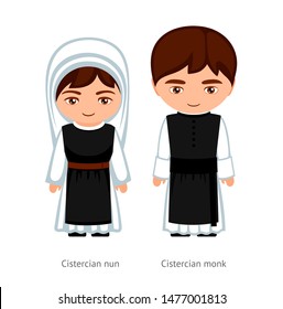 Cistercian monk and nun. Catholics. Religious man and woman. Cartoon character. Vector illustration.