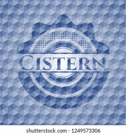 Cistern blue badge with geometric pattern background.