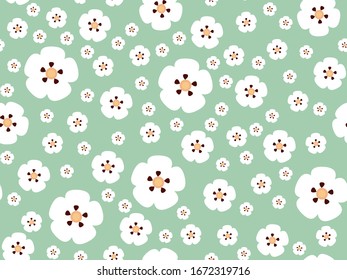 Cistus ladanifer flower seamless pattern. Green background. Vector.