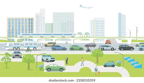 Cit with traffic and houses, alternative energy  illustration