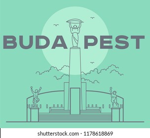 Citadel in Budapest capital icon. Vector art illustration flat design. Citadella fortress famous architectural landmark. Historical Hungarian fortification in Buda, tourist destination.