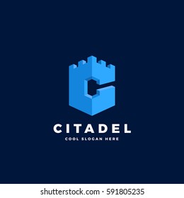 Citadel, Castle or Tower in the Form of Letter C. Abstract Vector Sign, Emblem or Logo Template. On Blue Background.