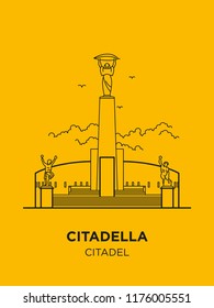 Citadel in Hungary capital icon. Vector art illustration flat design. Citadella fortress in Budapest famous architectural landmark. Historical Hungarian fortification in Buda, tourist destination.