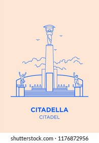 Citadel in Hungary capital icon. Vector art illustration flat design. Citadella fortress in Budapest famous architectural landmark. Historical Hungarian fortification in Buda, tourist destination.