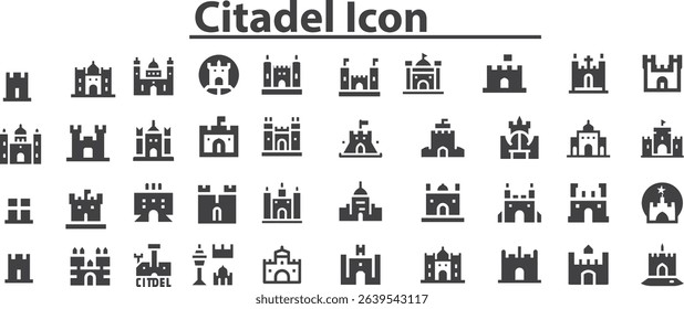 Citadel icon Set Vector black castle icon set stock illustration. Vector medieval castles icon set in thin line style stock illustration. Citadel Icon Vector Images. .eps
