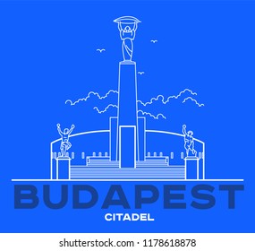 Citadel line art icon, Europe. Vector art illustration flat design. Citadella fortress in Budapest famous architectural landmark. Historical Hungarian fortification in Buda, tourist destination.