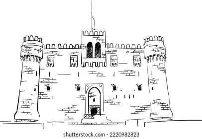 Ciudadela de la fortaleza de Qaitbay y su principal patio de entrada, Alejandría, Egipto, Sketch