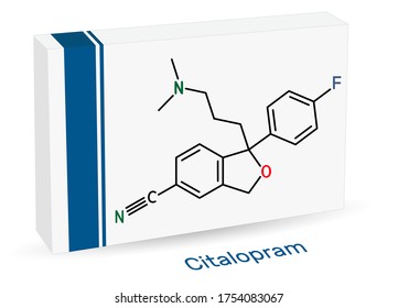 Citalopram, C20H21FN2O molecule. It is antidepressant, selective serotonin reuptake inhibitor (SSRI) class, is widely used to treat symptoms of depression. Paper packaging for drugs. Illustration