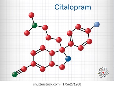 Citalopram, C20H21FN2O molecule. It is antidepressant, selective serotonin reuptake inhibitor (SSRI) class, is widely used to treat symptoms of depression. Sheet of paper in a cage. Vector


