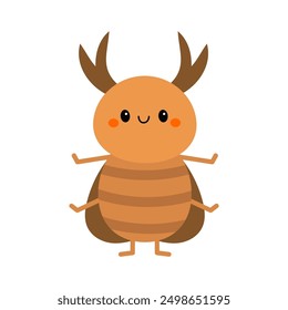 Cite beetle bug icon. Cartoon kawaii smiling baby character. Insect animal. Funny horns. Brown color. Opened wings. Education cards for kids. Childish style. Flat design. White background. Vector