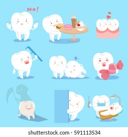 cite cartoon tooth do different emotions with blue background