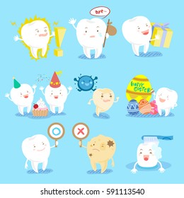 cite cartoon tooth do different emotions with blue background