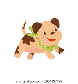 Cite funny dog in green scarf running cartoon vector Illustration on a white background