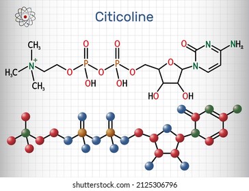 Citicoline, CDP-choline, cytidine diphosphate-choline molecule. It is used as a nutritional supplement. Structural chemical formula and molecule model. Sheet of paper in a cage. Vector illustration