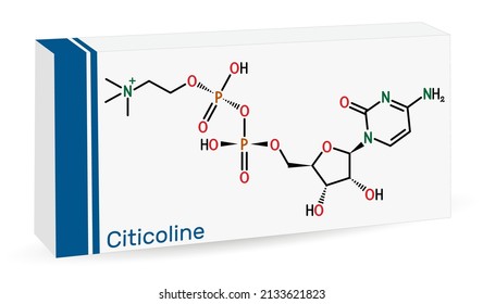 Citicoline, CDP-choline, cytidine diphosphate-choline molecule. It is used as a nutritional supplement. Skeletal chemical formula. Paper packaging for drugs. Vector illustration