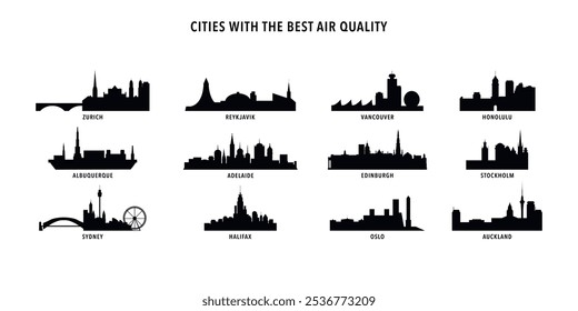 Cidades com melhor qualidade do ar - logotipo, coleção de ícones com horizonte de Zurique, Reykjavik, Vancouver, Honolulu, Albuquerque, Adelaide, Edimburgo, Estocolmo, Sydney, Halifax, Oslo, Auckland