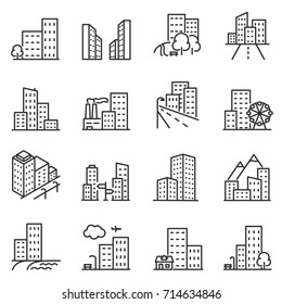 Cities and city buildings, a set of icons in a linear design. Urban cityscape, office and apartment buildings. lines with editable stroke.