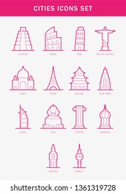 Cities and countries icon set - Pack Icon for travel - Paris, Yucatan , Rome, Pisa, Rio de Janeiro, Agra, Beijing, New York, Dubai, Giza Egypt, Athens, Moscow, London, Berlin - Vector Illustration