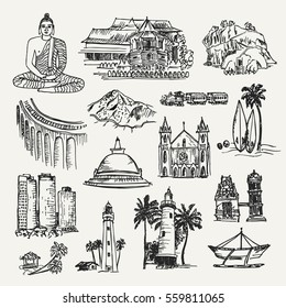 Cities And Elements Of Sri Lanka. Hand Drawn Vector Illustration Of Sri Lankan Places. Temples, Building And Objects. Cultural Elements.