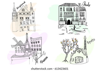Cities of England, France, Spain and Italy. Vector set