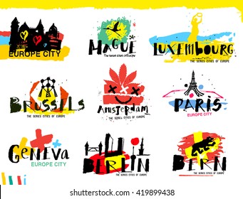 Cities of Europe logo and illustrations. Logo and handmade drawings on the theme of European cities painted in grunge style.