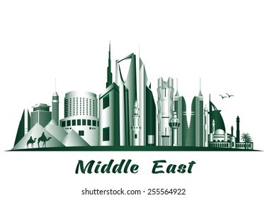 Cities and Famous Buildings in Middle East. Editable Vector Illustration