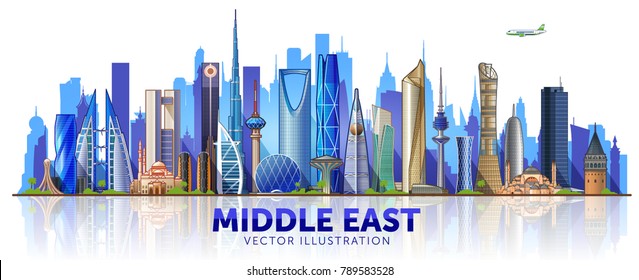 Cities and Famous Buildings in Middle East. Skyline  Middle East. Vector Illustration. Main buildings of Istanbul, Dubai, Kuwait, Manama, Abu Dhabi, Riyadh and Doha.