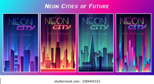 Cities Future Colorful Neon Posters Set Stock Vector Royalty Free